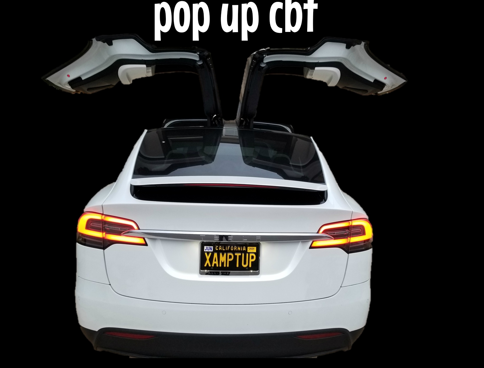 photo of our pop up cbt logo which is a tesla model x with falcon doors fully open