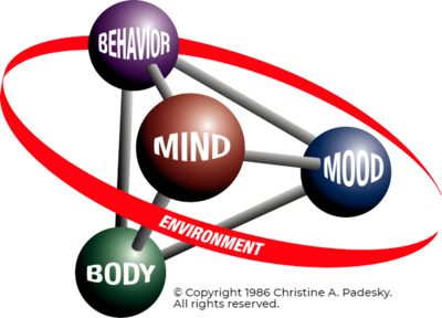 copyright 1986 by christine padesky of 5 part model logo showing mind mood body behavior and environment