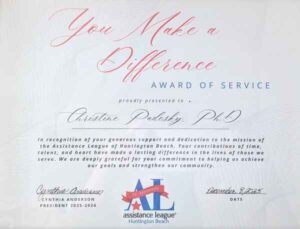 "You Make a Difference" Award of Service from the Assistance League of Huntington Beach presented to Christine A. Padesky, PhD